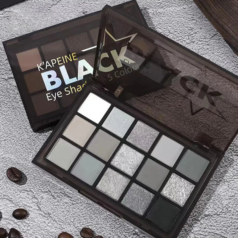 15-colour eye shadow palette with dark shades for smoky makeup including matte and shimmer finishes
