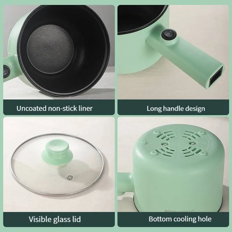 Mini hot pot electric cooker in green with stainless steel body, non-stick pot, and steam grid option for portable cooking