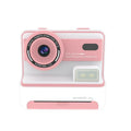Children's dual lens printing camera in blue with ABS body, 94x56.8x89.2mm, showing front camera and lanyard