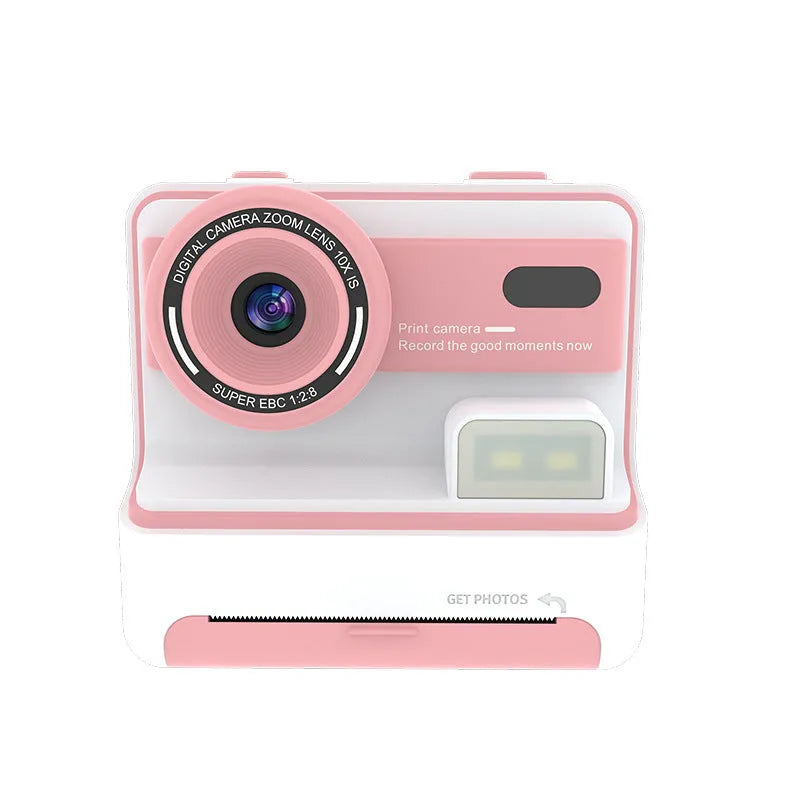 Children's dual lens printing camera in blue with ABS body, 94x56.8x89.2mm, showing front camera and lanyard