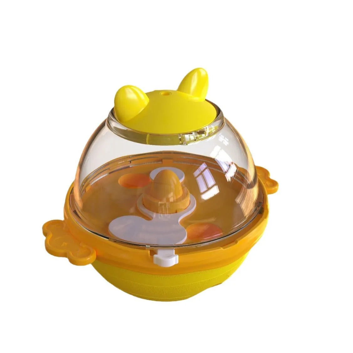 Yellow TPR dog tumbler food feeder toy on a light background, 11.2 cm high