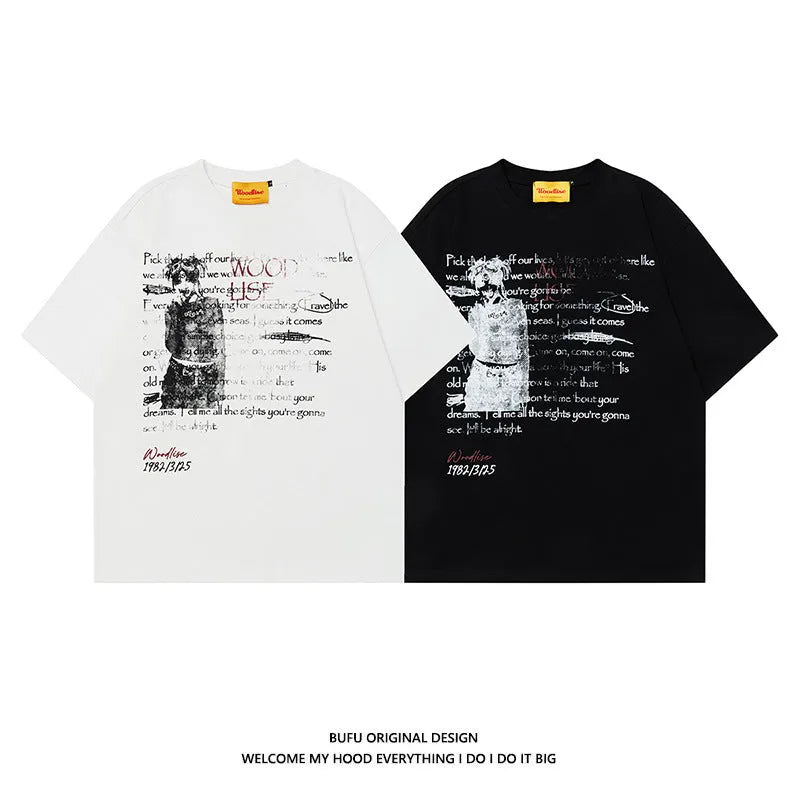 Men's black retro hip hop style T-shirt with white letter printing and raglan sleeves