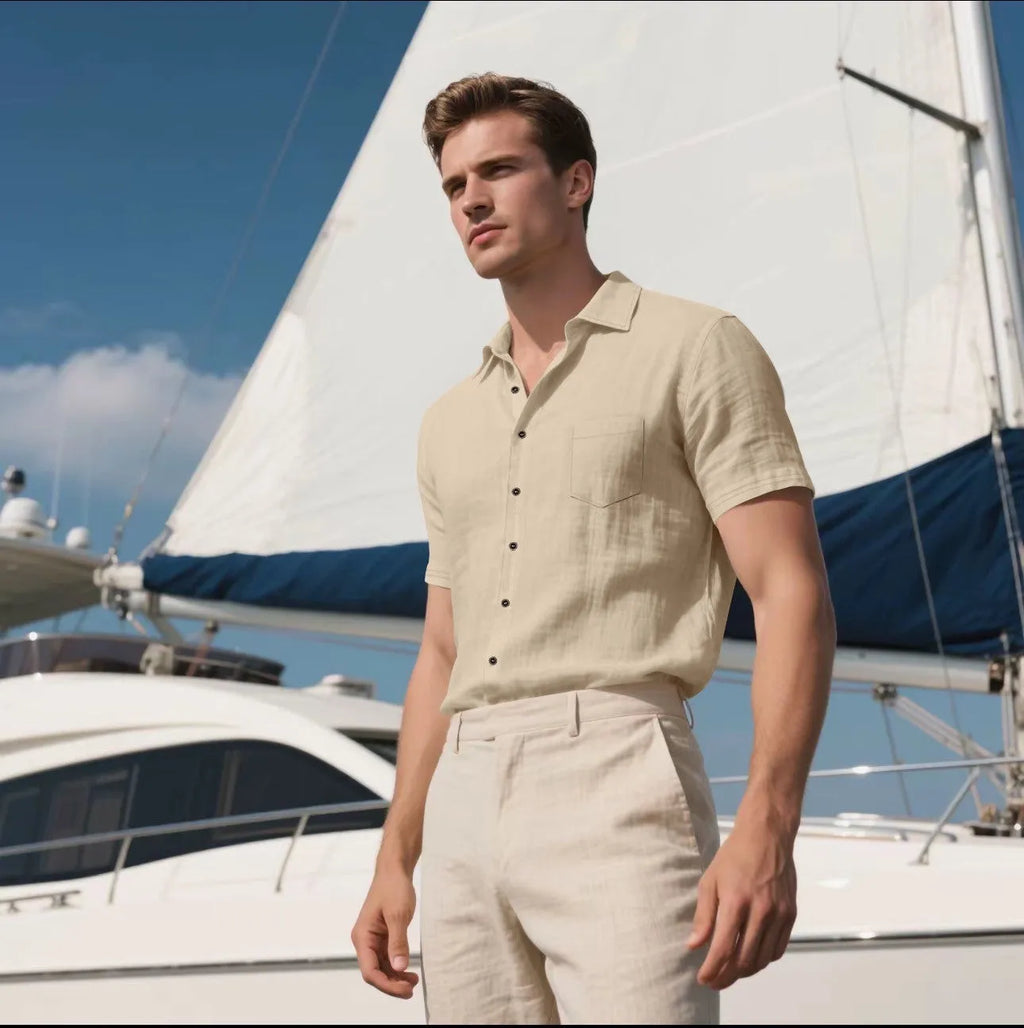 Men's loose-fit cotton-blend short-sleeved shirt cardigan in solid colour casual style