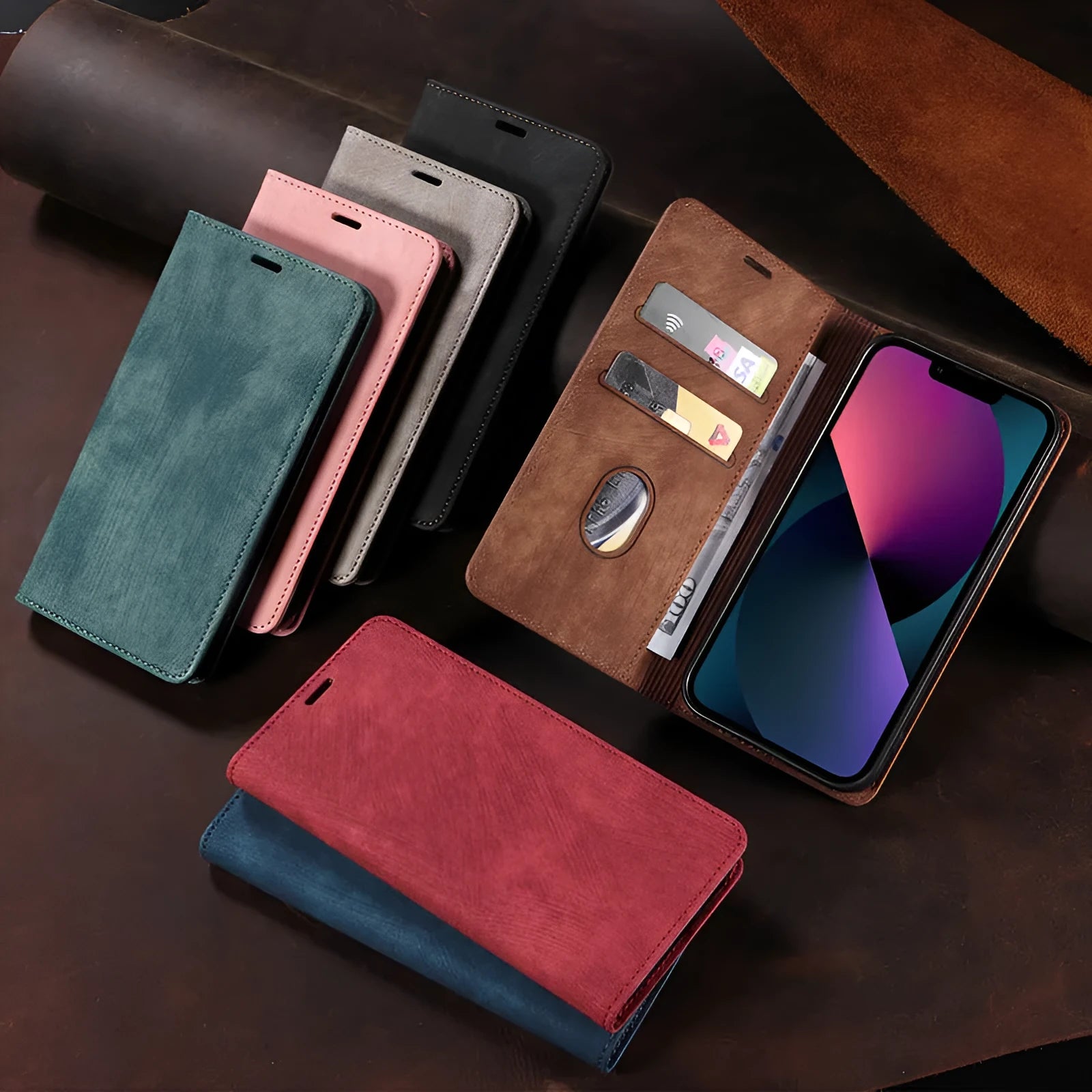 Magnetic flip phone case for iPhone in genuine leather and TPU, showing black, brown, and blue colour options.