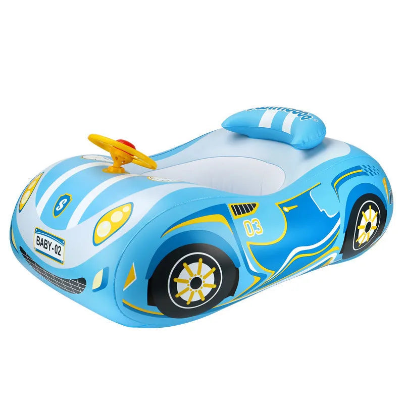 Mini inflatable car pedestal swimming ring for children in pink sports car design with steering wheel pattern