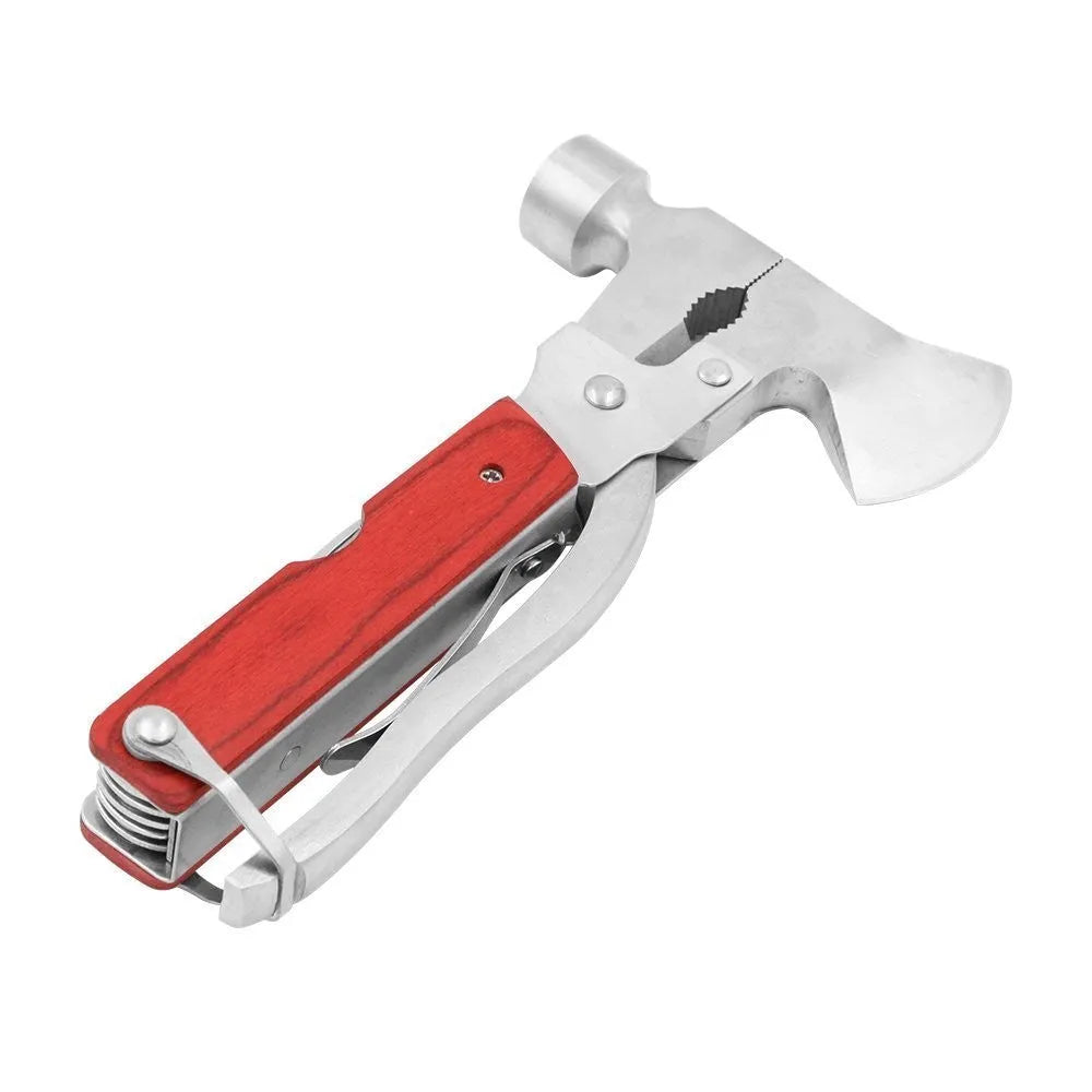 16-in-1 multi-functional car safety hammer made of solid steel with compact folded design and Oxford fabric carry bag