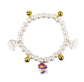 Halloween decorative cat collar with simulated pearl necklace in purple ghost pumpkin, skull pumpkin, and smiling pumpkin patterns.