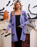 Women's black Halloween cardigan with orange pumpkin head jacquard knitted pattern, medium length straight cut design
