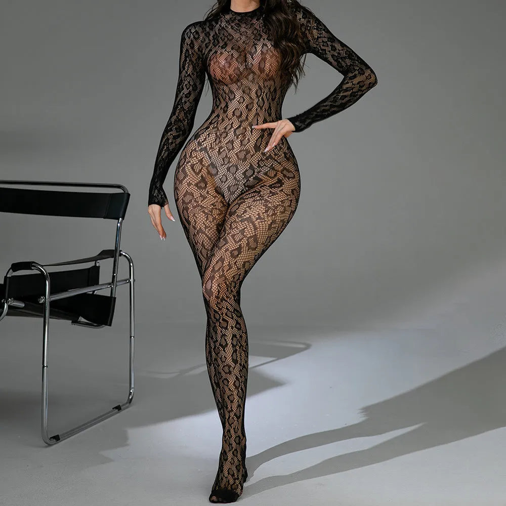 Sexy lingerie fishnet one-piece long sleeves backless jacquard bodysuit in black nylon free size for women