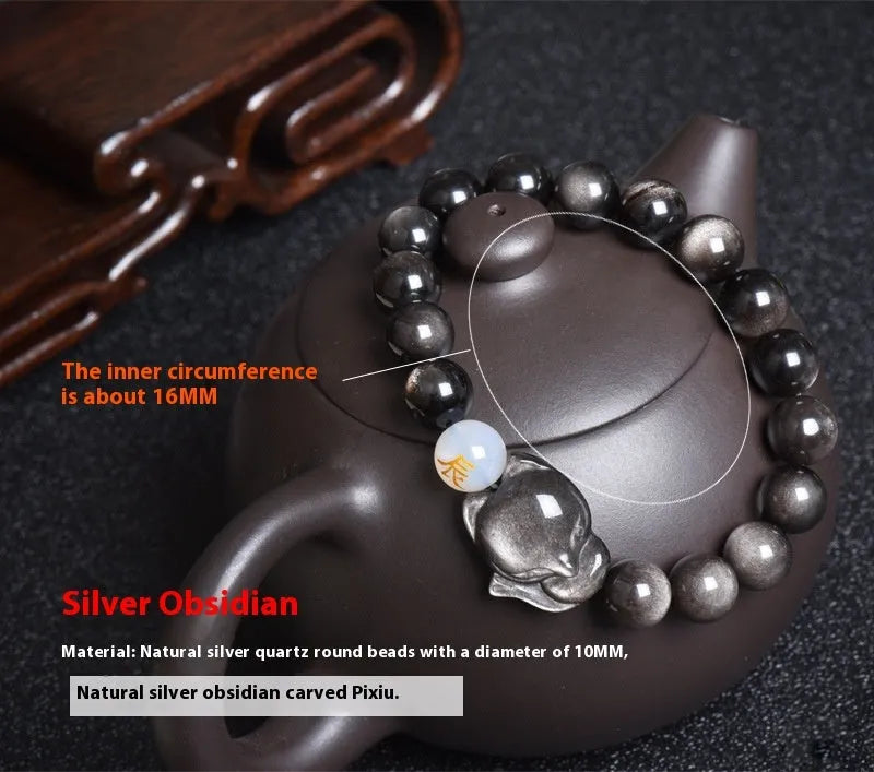 Natural obsidian bracelet zodiac guardian with 10mm beads in gold obsidian finish