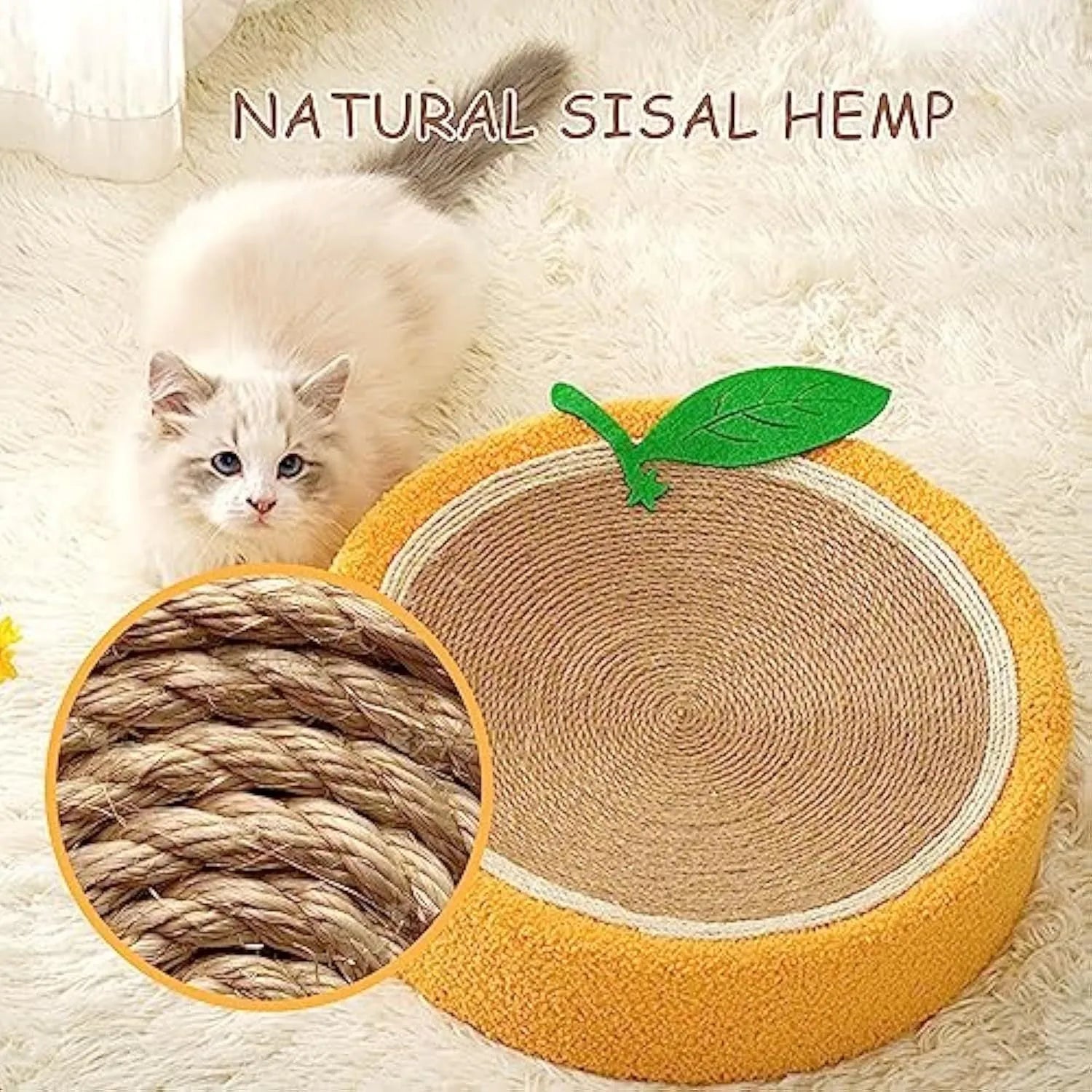 Orange round fruit-shaped sisal cat scratching board and bed for small breed cats.