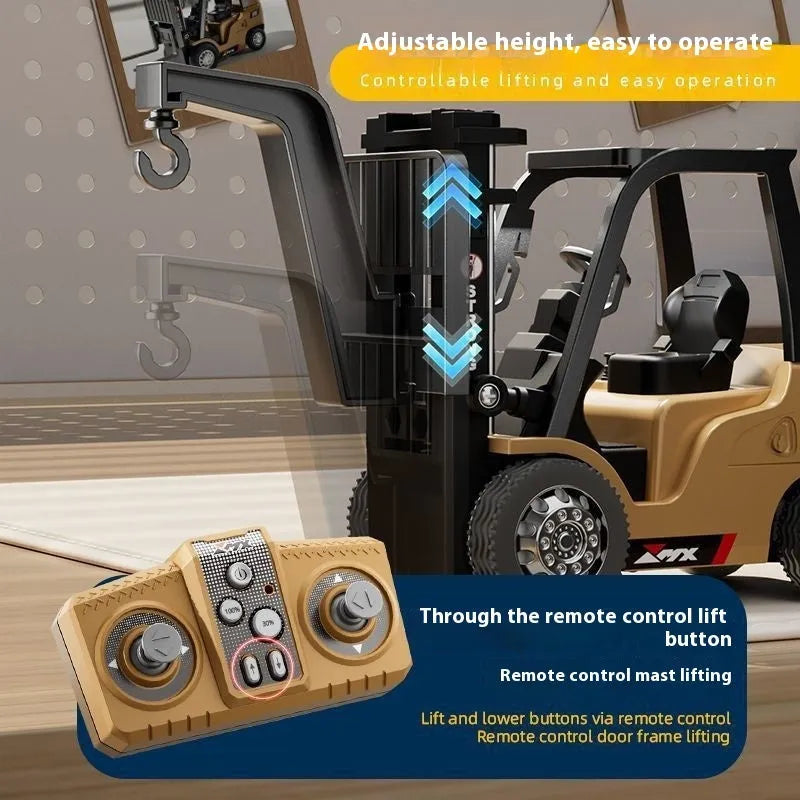 Miniature silver alloy remote control forklift model with black accents on a pallet.