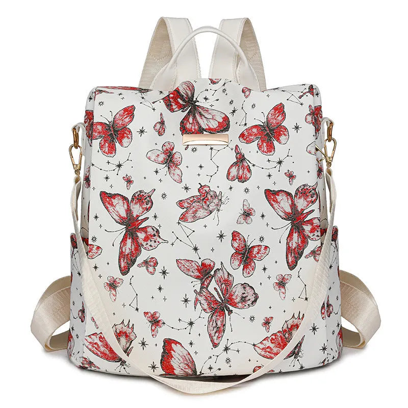 Butterfly printed PU shoulder backpack in black with sewing line details and 20L capacity