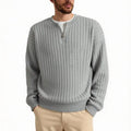 Men's grey half zip loose fit texture knitted sweater on a hanger.