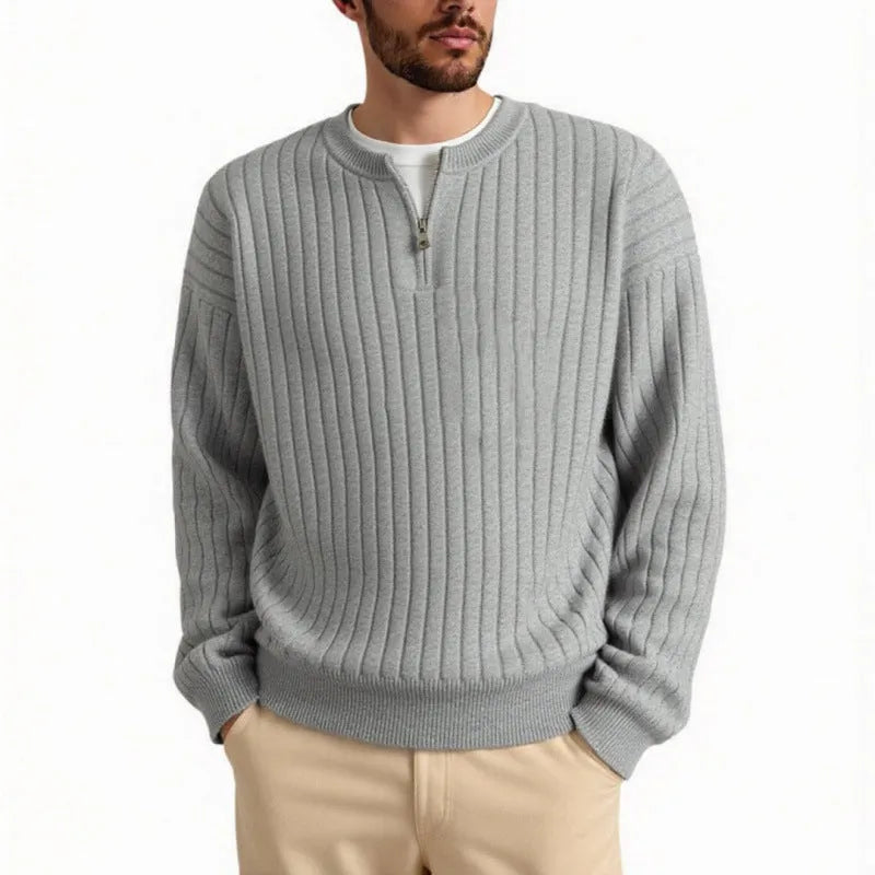 Men's grey half zip loose fit texture knitted sweater on a hanger.