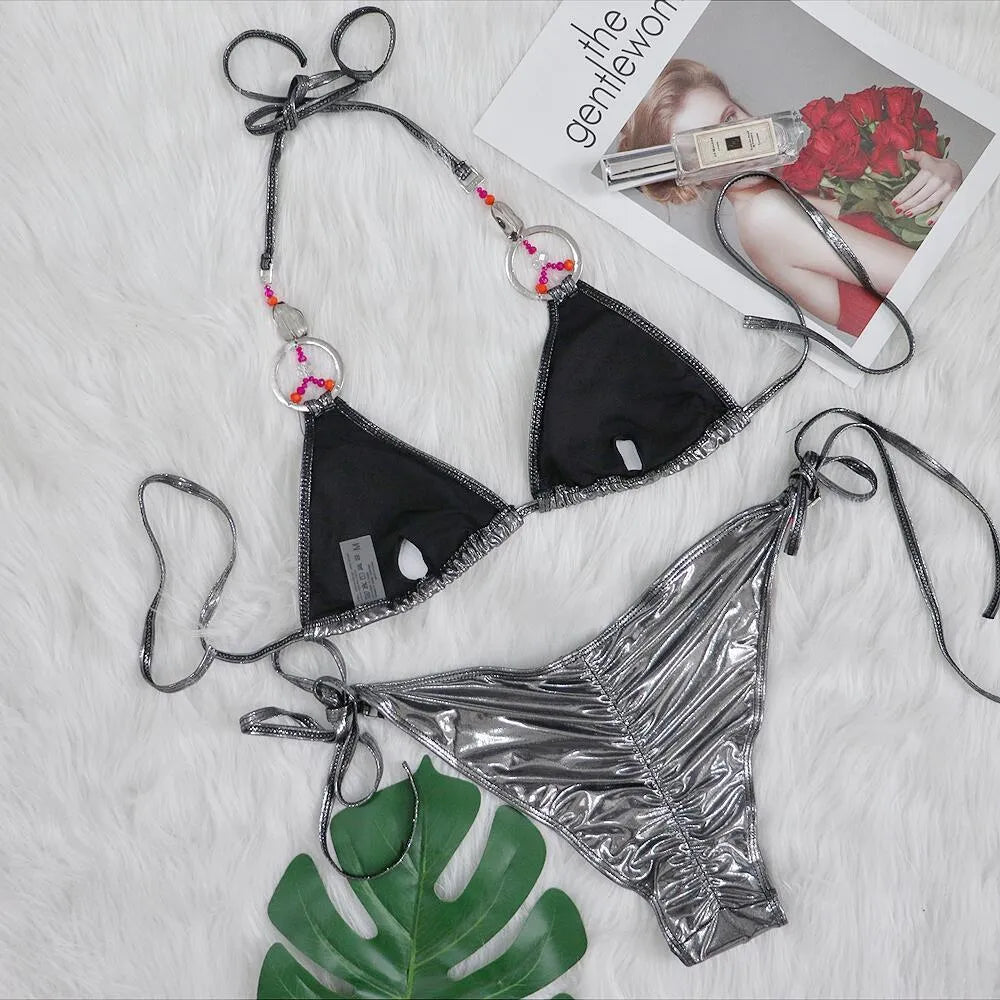 Women's hot silver split bikini set with polyester fabric and brief-style bottoms