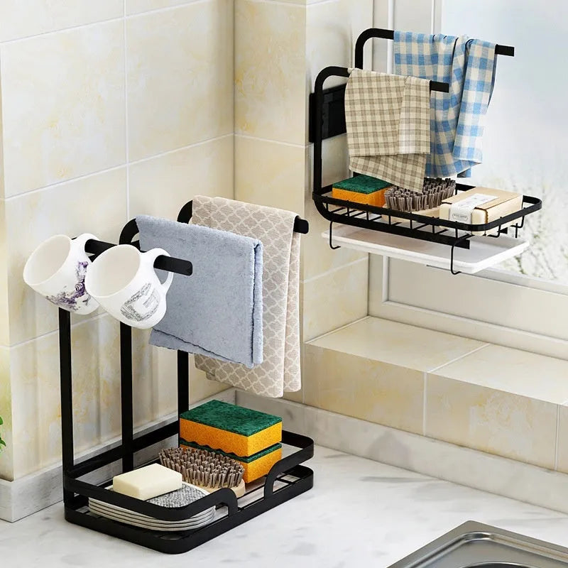 Foldable white plastic storage rack for draining kitchen cloths, shown in wall-mounted and desktop positions.