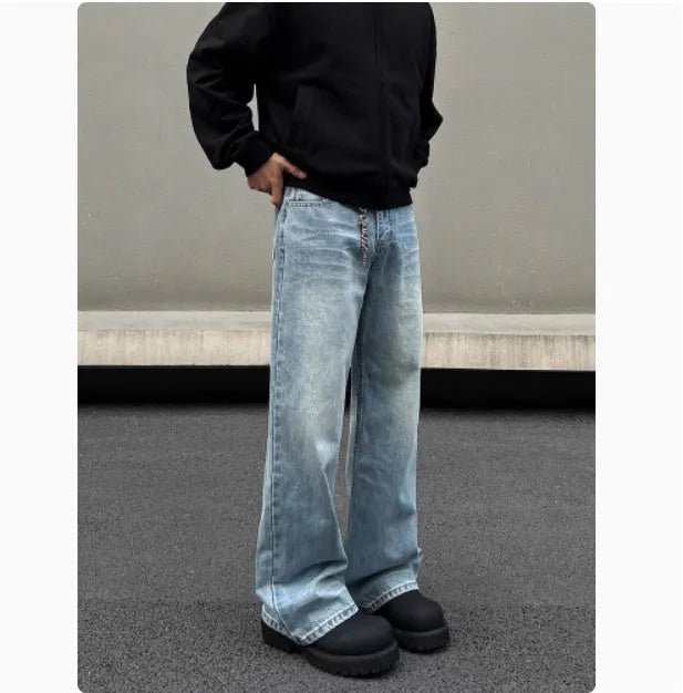 Men's retro blue whisker washed straight jeans with medium-high waist and visible stitching