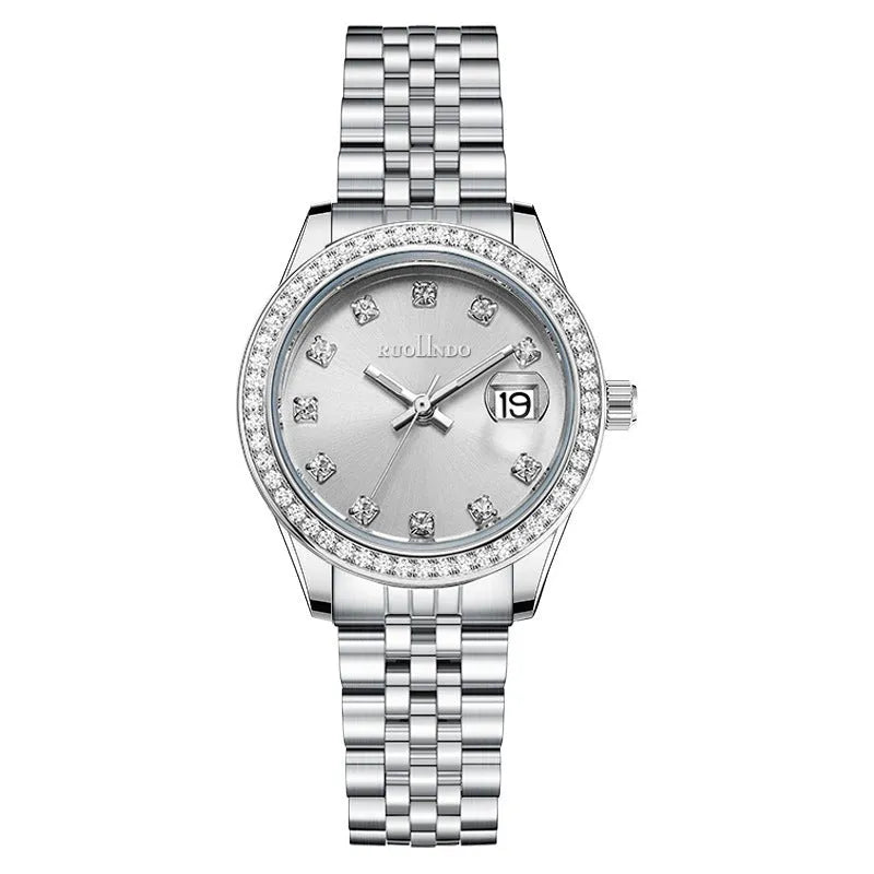 Women's quartz calendar watch with 32mm alloy case and strap, mineral glass dial in silver colour
