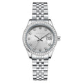 Women's quartz calendar watch with 32mm alloy case and strap, mineral glass dial in silver colour