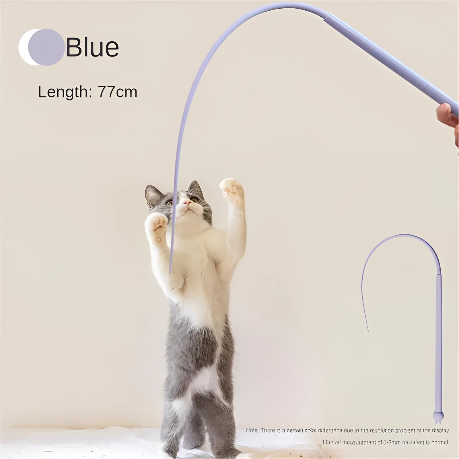 Blue silicone mouse tail cat toy with cat head handle showing 80cm length
