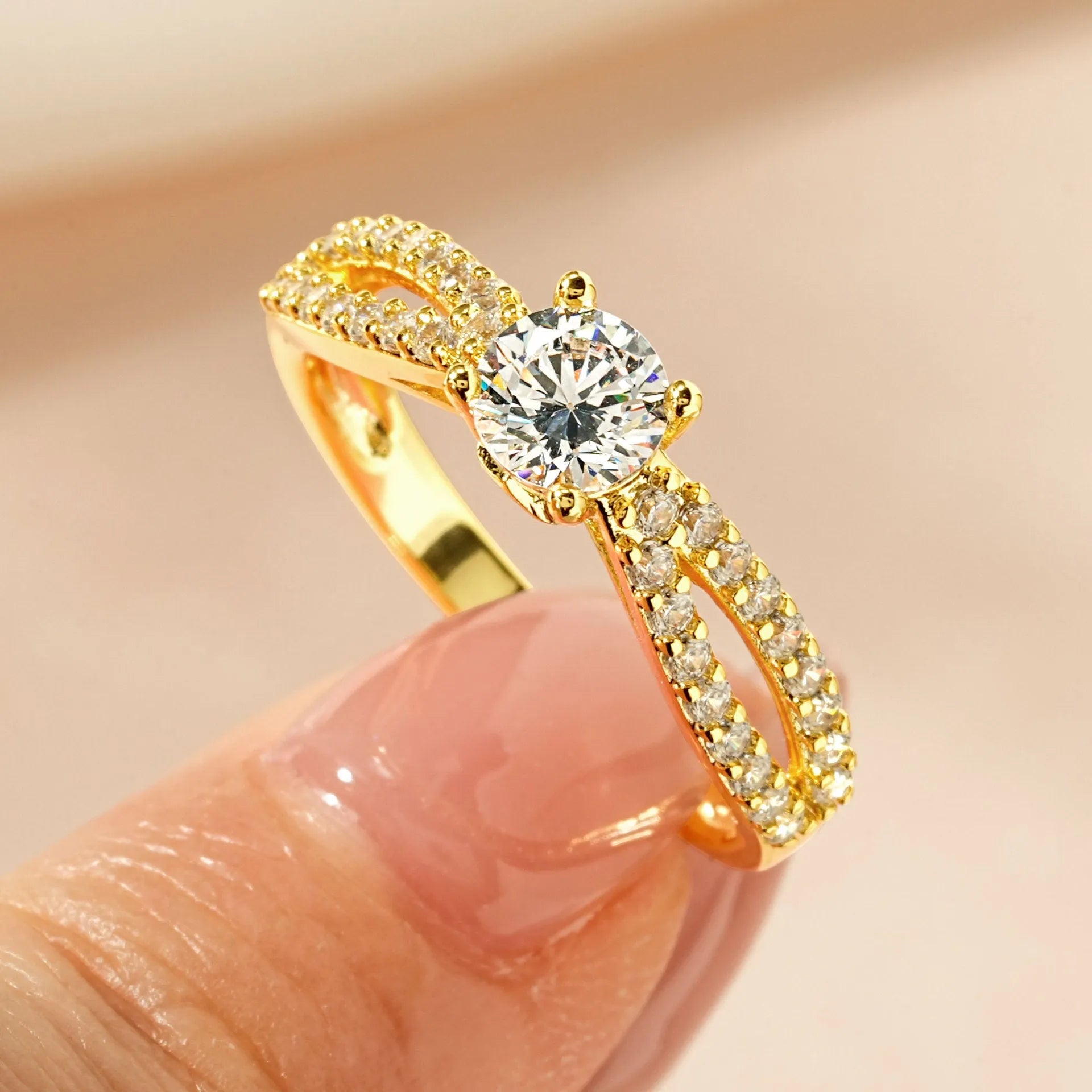 Women's geometric zircon ring in silver or gold tone on a copper band, showing heart, split arm, and star designs.