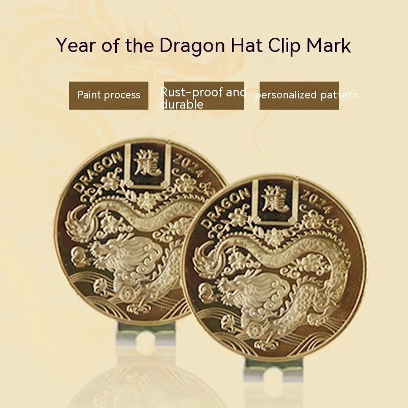 Zinc alloy golf hat clip showing Dragon Year, IDID logo, ace licking ball, and hair blowing machine design options
