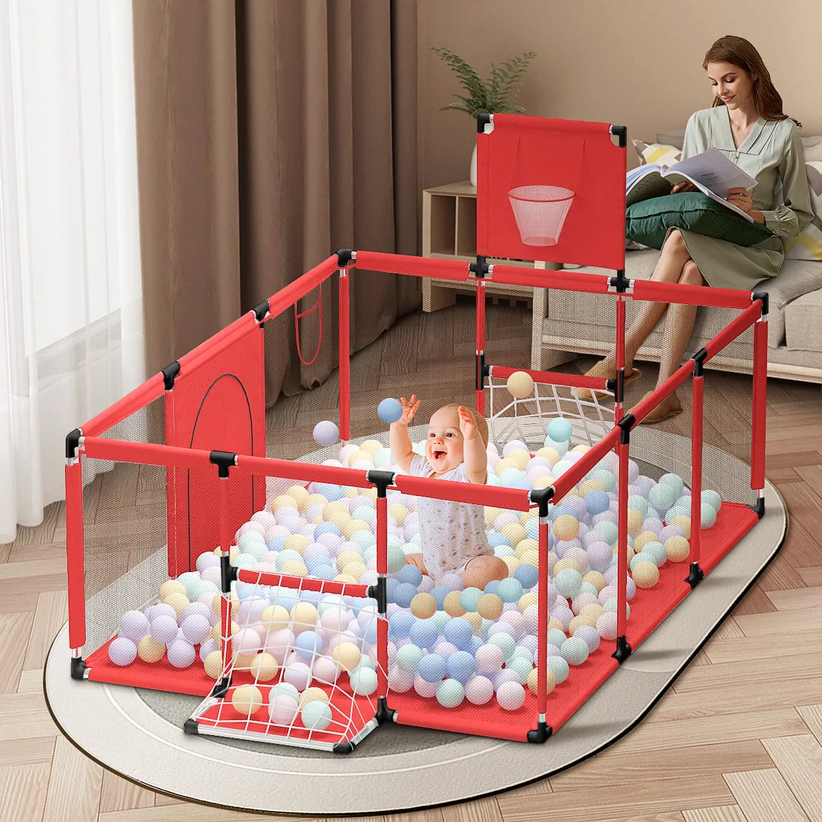 Children's playpen tent with Oxford cloth and stainless steel frame, dark grey colour, 1.22m by 2.3m by 1.05m size.