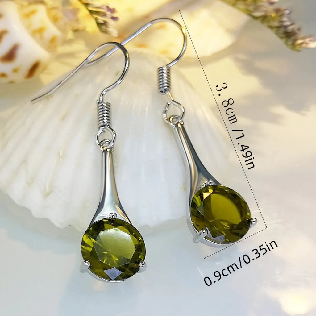 Olive green topaz alloy earrings with water drop shape and electroplated finish