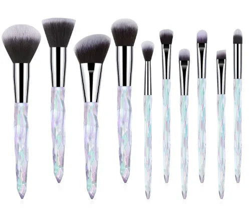 10 crystal handle foundation brushes with artificial fibre bristles in four colour options