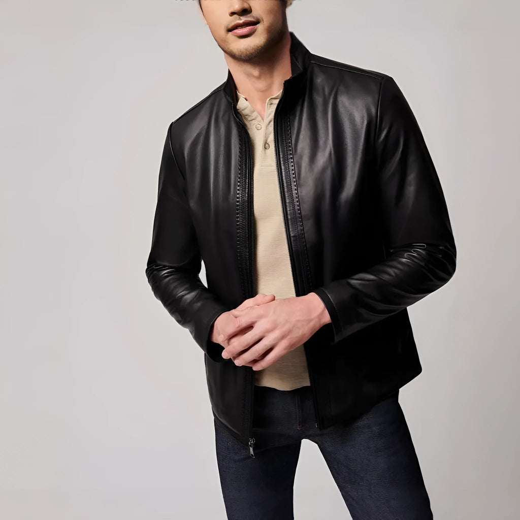Men's retro black polyester fibre leather-style jacket, regular fit, long sleeves, straight hem, front view