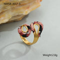 Open mouth stainless steel ring with geometric heart design and leopard print pattern