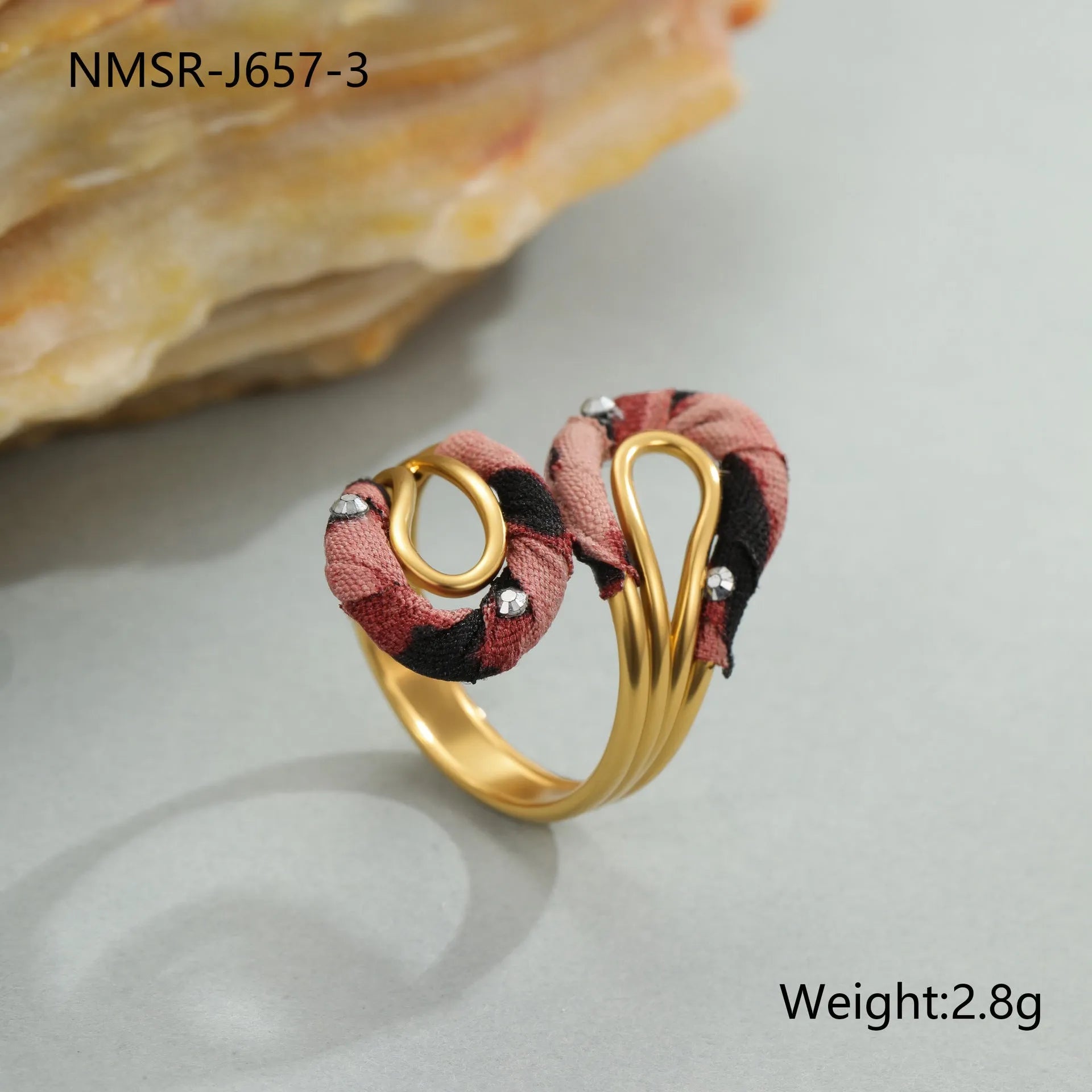 Open mouth stainless steel ring with geometric heart design and leopard print pattern