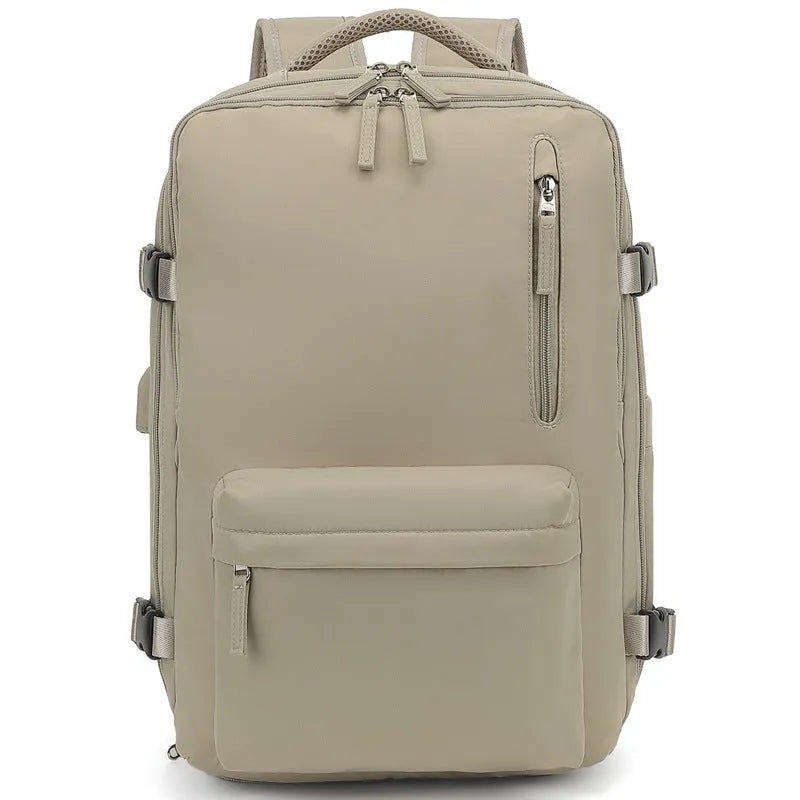 Women's large capacity grey waterproof Oxford cloth travel backpack with curved shoulder straps