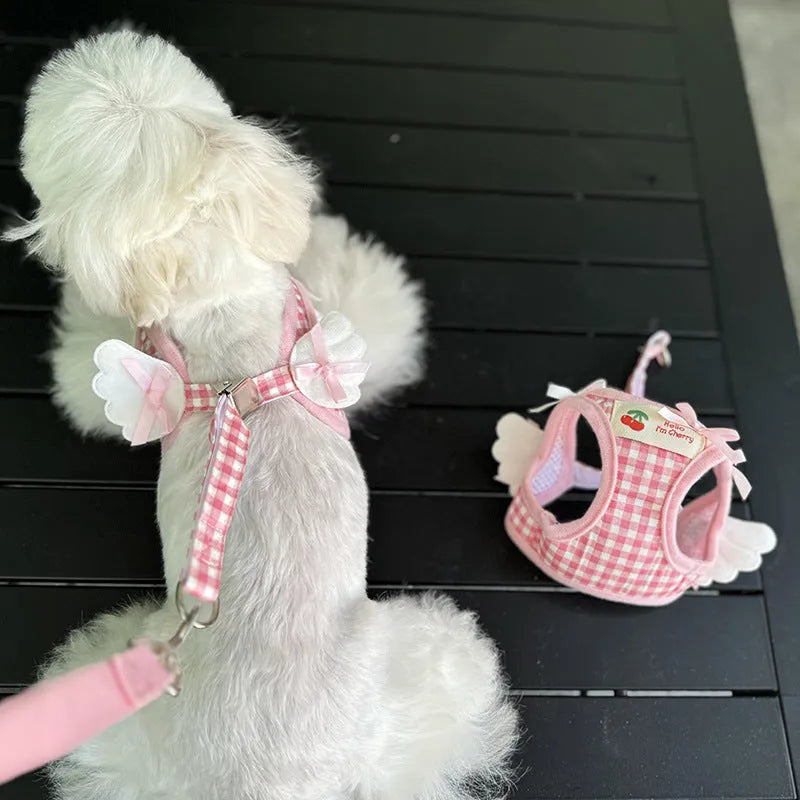 Cotton chest and back harness with hand holding rope for small dogs in pink and black colours