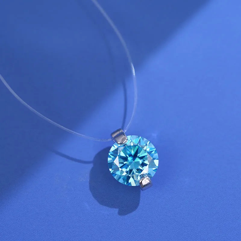 Women's S925 silver moissanite pendant necklace with invisible fishing line chain on clavicle.