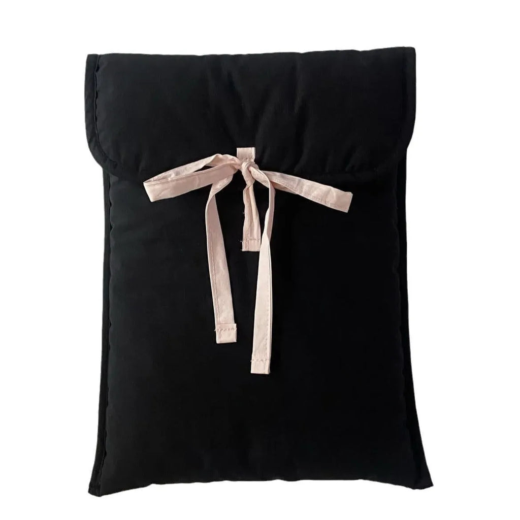 Women's black quilted computer bag with ballet bow and striped pattern