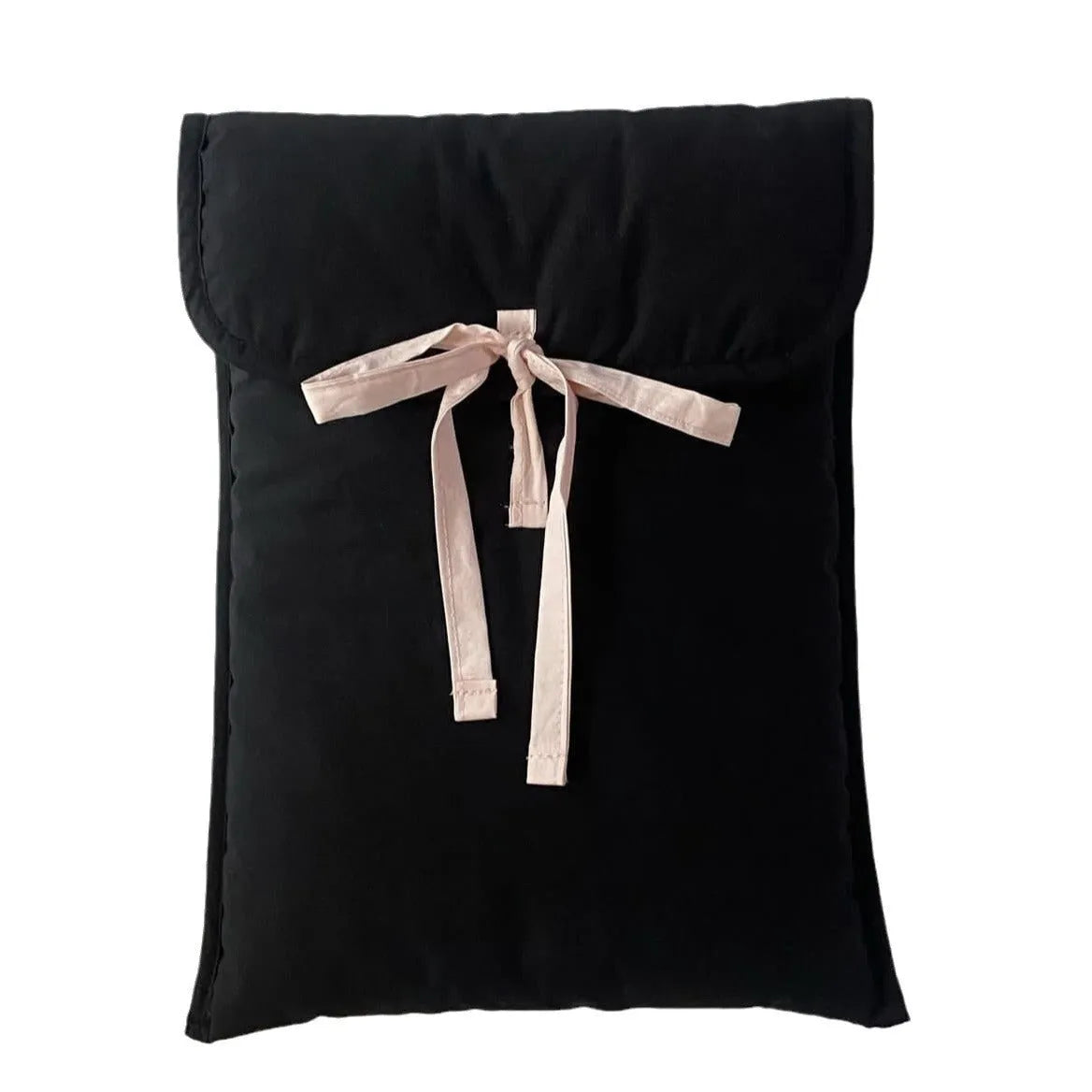 Women's black quilted computer bag with ballet bow and striped pattern