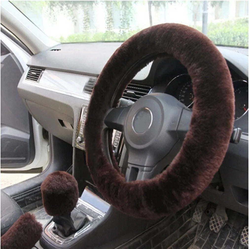 Winter plush car steering wheel cover set in beige, including steering wheel cover, brake sleeve, and gear shift cover