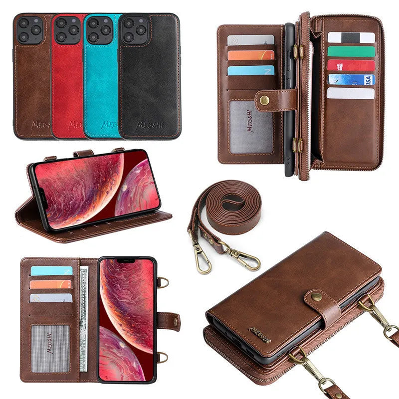Detachable wallet backpack leather flip phone case for iPhone and Samsung Galaxy Note in black, blue, brown or red
