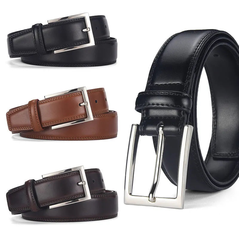 Men's black genuine leather belt with a silver alloy pin buckle on a plain background.