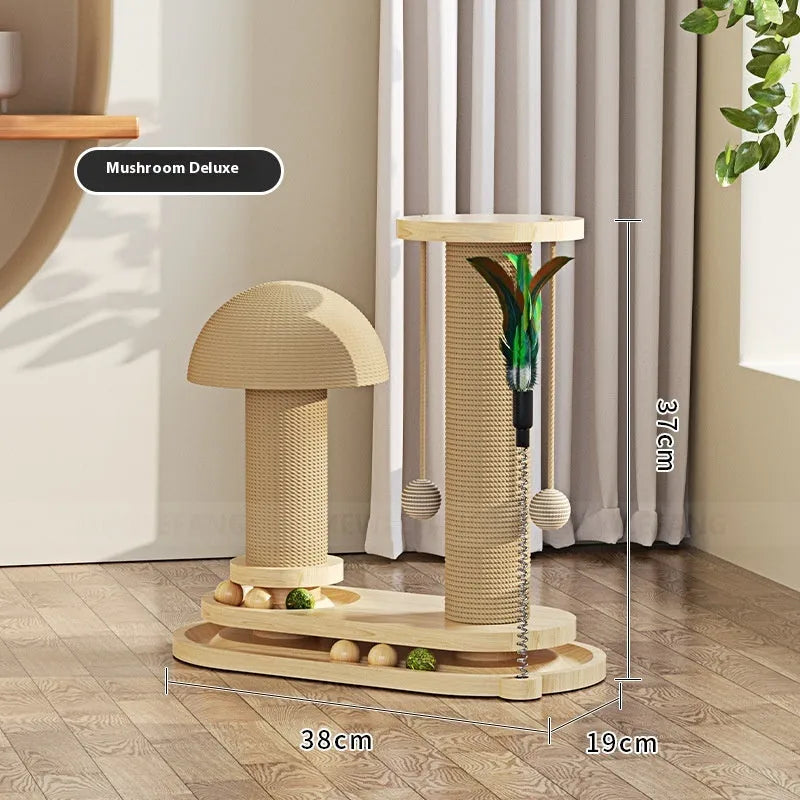 Solid wood cat scratching post with a turntable, shown in a basic style big flower variant.