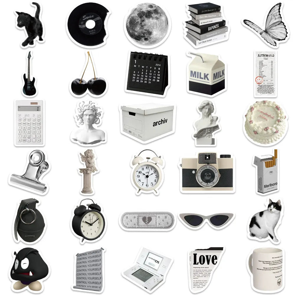 61 black and white PVC waterproof stickers on a sheet for laptops, phones and luggage