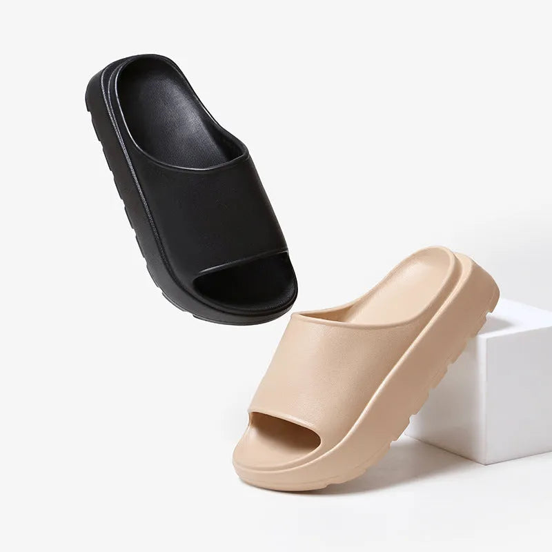 Women's beige fish mouth design slippers with a thick 5.5cm EVA sole for beach and home wear