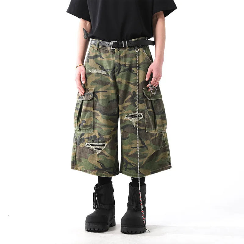 Retro camouflage cotton denim cropped trousers for men, mid-waist straight leg