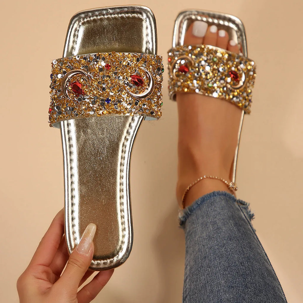 Women's gold flat slippers with rhinestone sequins on PU upper, rubber sole, sizes 36-43