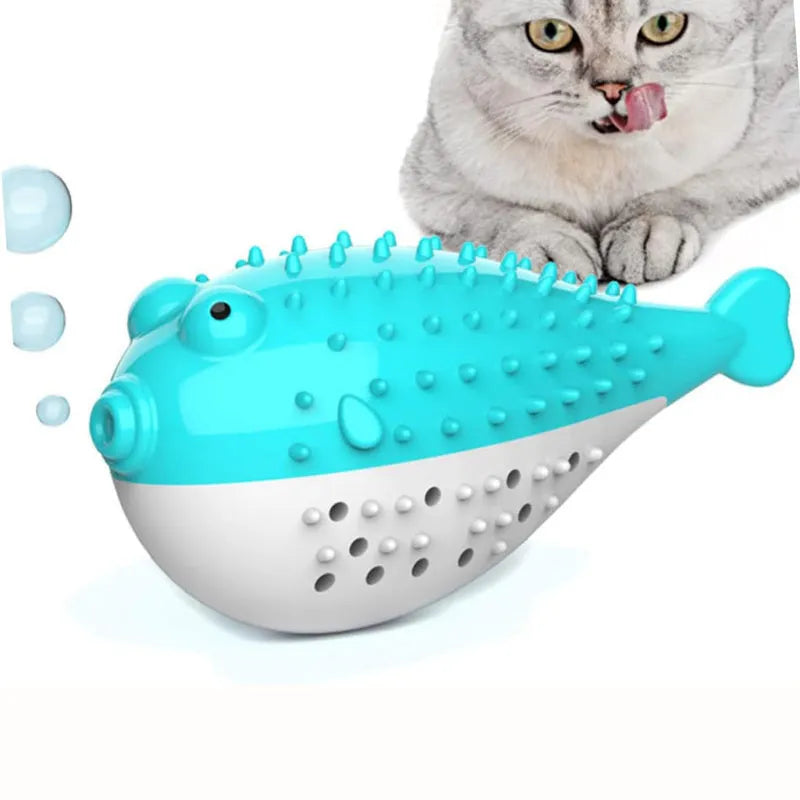 Blue silicone fish-shaped cat chew toy and teaser on a white background.