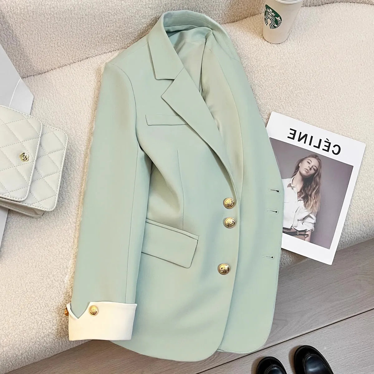 Women's milky white loose-fit mid-length polyester coat with pockets, Korean style.