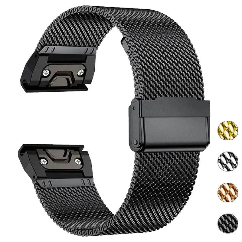 Stainless steel Garmin Fenix watch strap with integrated card slot in silver, black, gold, and rose gold finishes.