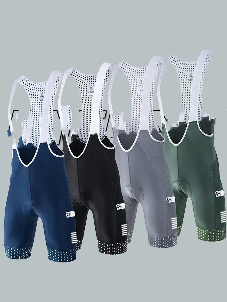 Men's road bike suspender shorts in black, moisture-wicking polyester, summer cycling